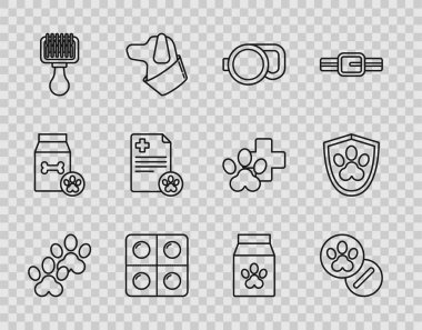 Paw baskılı köpek ve köpek kedi panosu için geri çekilebilir ip tasmalı saç fırçası tıbbi kayıt torbası ve hayvan sağlığı sigortası ikonu. Vektör.