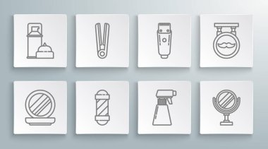 Aynalı makyaj pudrası, klasik berber dükkânı direği, sprey tabanca şişesi, yuvarlak makyaj, elektrikli tıraş makinesi, berber ve tıraş jeli köpüğü ikonu. Vektör.