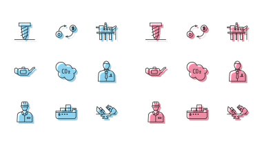 Petrol tankeri rotalı sondaj kuyusu kazma hattı Wrecked oil CO2 emisyonları iş adamını ya da borsa simgesi simgesini bulmak için borsa simgesi. Vektör.