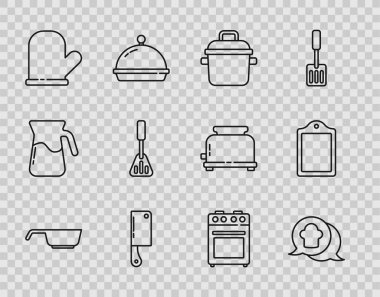 Kızartma tavası şapkası konuşma baloncuğu pişirme tenceresi fırın eldiveni Spatula ve kesme tahtası ikonu. Vektör.