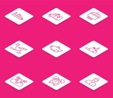 Spor ayakkabıları ambulansı ve acil durum arabası yemek pişirme kabını Fruit Bench Barbel ve Alarm saat simgesiyle Sağlık Kalbi Çaydanlığı 'na ayarlayın. Vektör.