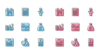 Pie çizelgesi bilgi kalkanı ve para çantası Calendar Mobile hisse senedi alım-satımı batan hisse senedi piyasası Para Finansal büyüme doları ve hesap makinesi simgesi. Vektör.