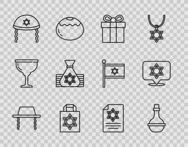 Ortodoks çizgisi Yahudi şapkası Yahudi şarap şişesi hediye paketi içinde David Kippah 'ın yıldızı Tevrat parşömeni ve Star David ikonu var. Vektör.