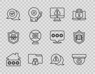 Satır Evi 'ni şifre güvenlik kamerası ünlem dizini ile ayarla ve konuşma baloncuğu ünlem üçgeni ve Sistem hata simgesinde kilitle. Vektör.