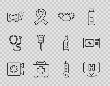 Acil Durum Hattı - Yaşam Konumu Hastanesi Tıbbi Koruyucu Maskesi Ultrasound Crutch ya da koltuk değnekleri şırıngası ve kardiyogram ikonu olan monitör. Vektör.
