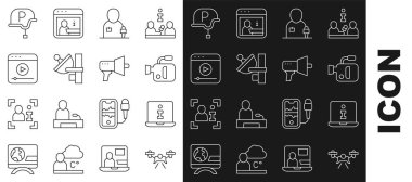 Drone Bilgi Sinema Kamerası Gazeteci Radar Canlı Savaş muhabiri ve Megafon ikonu. Vektör.