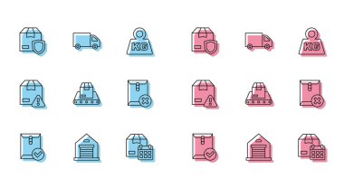 Satır Zarfını ayarla ve ambar teslimat güvenliğini kalkan karton kutu takvimi ile işaretle. Zarf ve kargo kamyonu simgesini sil. Vektör.