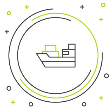 Beyaz arkaplanda kutucuk servis simgesine sahip çizgi kargo gemisi. Teslimat, ulaşım. Paketleri, kutuları, malları olan bir şilep. Renkli taslak konsepti. Vektör