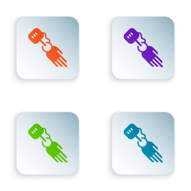 Beyaz arkaplanda izole edilmiş renkli protez el simgesi. Biyonik kolun gelecekteki konsepti, robot mekanik el. Kare düğmelere renkli simgeleri yerleştir. Vektör.