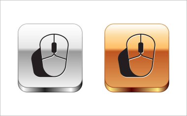 Siyah Bilgisayar fare simgesi beyaz arkaplanda izole edildi. Tekerlek sembollü optik. Gümüş ve altın kare düğmeler. Vektör