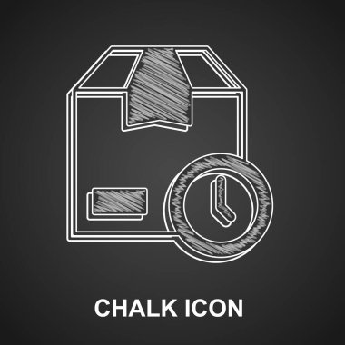 Chalk Carton cardboard box and fast time delivery icon isolated on black background. Box, package, parcel sign. Delivery and packaging.  Vector