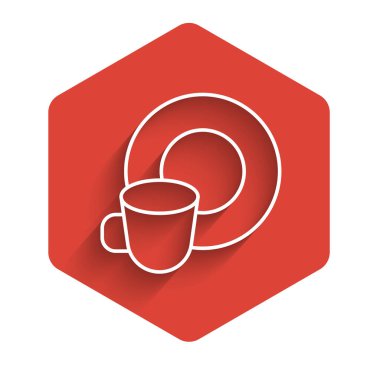 Beyaz çizgi bulaşık yıkama ikonu uzun gölgeli izole edilmiş. Bulaşık yıkama ikonu. Bulaşık makinesi tabelası. Masa takımı tabelası temiz. Kırmızı altıgen düğmesi. Vektör.