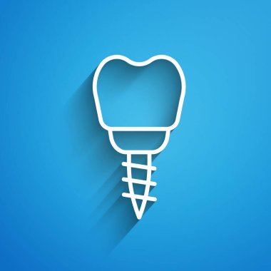 Beyaz çizgi diş implantı simgesi mavi arkaplanda izole edildi. Uzun gölge. Vektör.