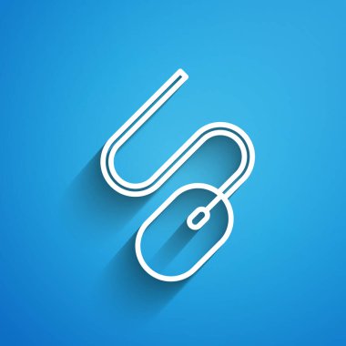 Beyaz çizgi bilgisayar fare simgesi mavi arkaplanda izole edildi. Tekerlek sembollü optik. Uzun gölge. Vektör