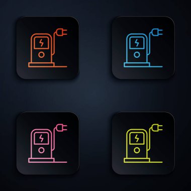Renkli neon hattı elektrik araba şarj istasyonu simgesi siyah arkaplanda izole edildi. Eko elektrik yakıt pompası tabelası. Kare düğmelere simgeleri yerleştir. Vektör