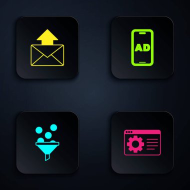 Tarayıcı ayarını, e- posta ve e-postayı, Öncü yönetim ve Reklamcılığı ayarla. Siyah kare düğme. Vektör