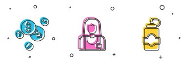 Bozuk parayı dolarla ayarla, Satıcı ve Sos şişesi ikonu. Vektör