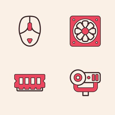 Web kamerası, bilgisayar faresi, soğutucu ve RAM, rastgele erişim bellek simgesi ayarla. Vektör