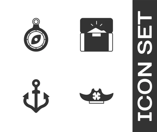 Set Pirate Hat Compass Anchor Antique Treasure Chest Icon Vector — Stock Vector