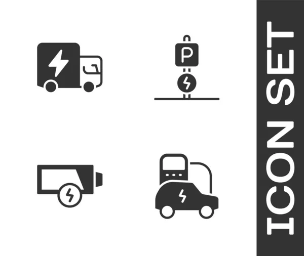 Set Electric Car Truck Low Battery Charging Parking Electric Icon — Stock Vector