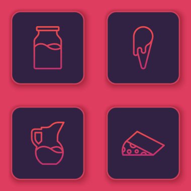 Sütlü, sütlü ya da sürahili, dondurmalı waffle külahlı ve peynirli olsun. Mavi kare düğme. Vektör