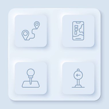 Hat güzergahını, şehir haritasını, pimi ve trafik işaretini sola çevir. Beyaz kare düğme. Vektör