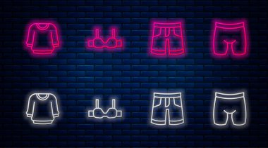 Çizgili sutyen, kısa pantolon, kazak ve bisiklet şortu. Tuğla duvarda parlayan neon simgesi. Vektör