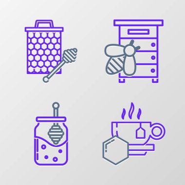 Bal, kavanoz ve dipper çubuklu çay, arılar için kovan ve bal peteği stickicon ikonu. Vektör