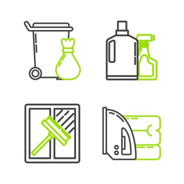 Elektrik demiri ve havlu sileceği plastik şişeleri sıvı bulaşık deterjanı ve çöp tenekesi ikonu için ayarla. Vektör.