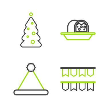 Noel Baba bayraklı karnaval çelengi. Marzipan sünger keki ve ağaç süsleme ikonu. Vektör.