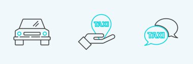 Taksi durağı, telefon servisi, araba ve taksi ikonlu el haritası belirleyicisi. Vektör.