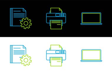 Dizüstü bilgisayar Belge ayarlarını dişliler ve yazıcı simgesi ile ayarla. Vektör.