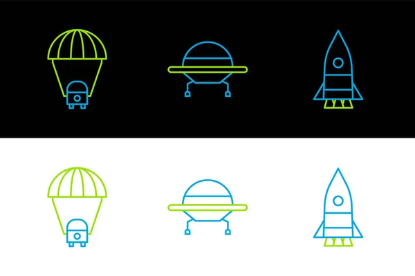 Set Line Raketenschiff Planet Saturn Und Ufo Fliegendes Raumschiff Symbol — Stockvektor
