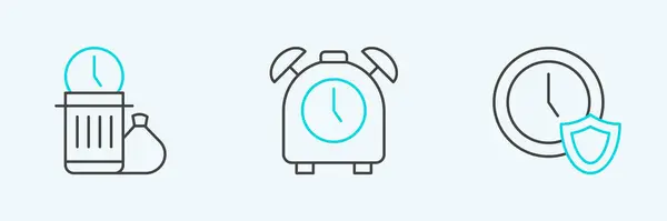 Set Line Clock Shield Waste Time Alarm Clock Icon Vector — Stock Vector