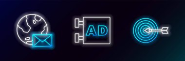 Posta ve reklam simgesiyle Dünya 'yı hedef al. Parlayan neon. Vektör.