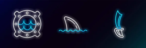 设置线海盗剑船舷窗与海景和鲨鱼鳍在海浪图标 发光的霓虹灯 — 图库矢量图片