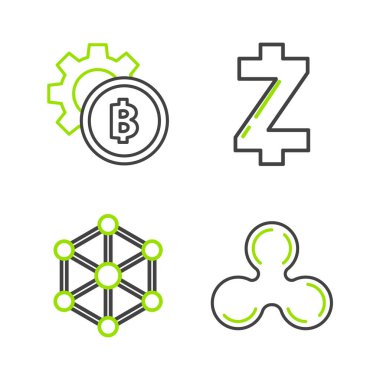 Şifreleme madeni parası dalgalanma XRP engelleme teknolojisi Zcash ZEC ve Bitcoin simgesi. Vektör.
