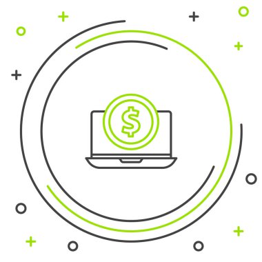 Beyaz arkaplanda dolar sembolü olan çizgi dizüstü bilgisayarı. İnternetten alışveriş konsepti. İnternetten kazanç, pazarlama. Renkli taslak konsepti. Vektör.