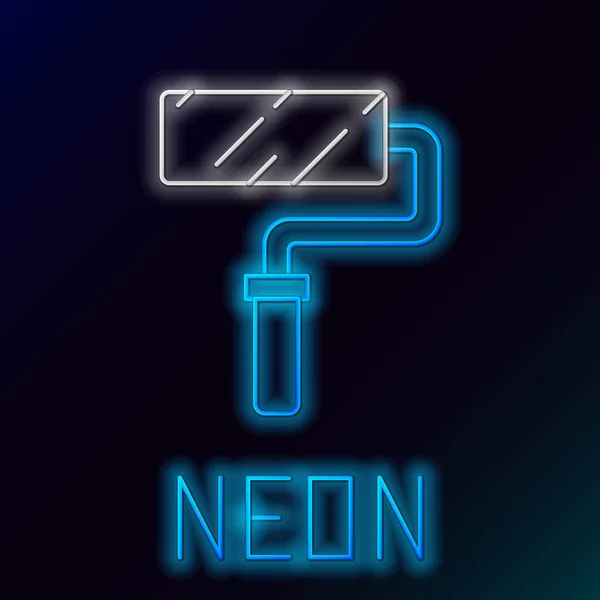Glödande Neon Linje Måla Roller Borste Ikon Isolerad Svart Bakgrund — Stock vektor