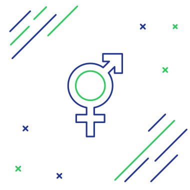 Beyaz arkaplanda çizgi cinsiyet simgesi izole edildi. Erkek ve kadın sembolleri. Seks sembolü. Renkli taslak konsepti. Vektör