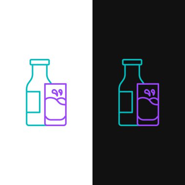 Beyaz ve siyah arka planda izole edilmiş süt ve cam ikonlu çizgi kaplı cam şişe. Renkli taslak konsepti. Vektör