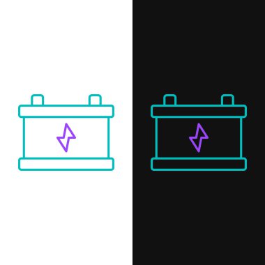 Çizgi Araba bataryası simgesi beyaz ve siyah arkaplanda izole edildi. Akümülatör bataryası enerji ve elektrik akümülatörü bataryası. Renkli taslak konsepti. Vektör