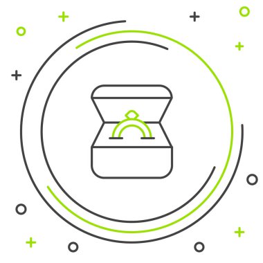 Beyaz arka planda izole edilmiş bir kutu ikonunda elmas nişan yüzüğü. Renkli taslak konsepti. Vektör