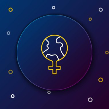 Dünyadaki çizgi feminizmi mavi arka planda izole edilmiş bir ikon. Özgürlük, bağımsızlık, eşitlik için savaş. Renkli taslak konsepti. Vektör