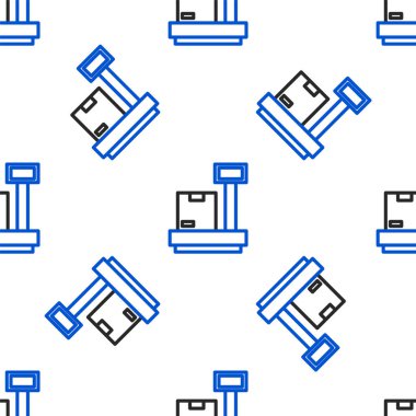 Karton kutu simgesi ile çizgi ölçeklendirmesi beyaz arkaplanda izole edilmiş pürüzsüz desen. Lojistik ve teslimat. Dağıtım paketinin ağırlığı bir ölçekte. Renkli taslak konsepti. Vektör