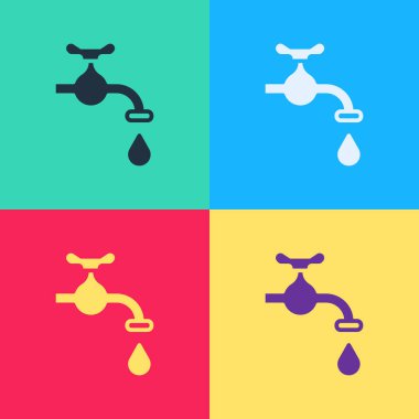 Düşen bir su damlası ikonu olan Pop Art Water musluğu renk arkaplanında izole edilmiş. Vektör.