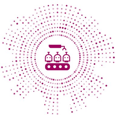 Mor Robotik kol montaj hattı mekanik üretim fabrikası robot üretim ikonu beyaz arka planda izole edildi. Soyut çember rastgele noktalar. Vektör.