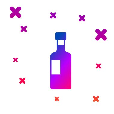 Beyaz arka planda izole edilmiş renkli şarap şişesi simgesi. Kademeli rastgele dinamik şekiller. Vektör.