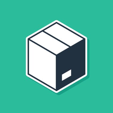 Mavi karton kutu simgesi yeşil arka planda izole edildi. Kutu, paket, paket işareti. Teslimat ve ambalaj. Vektör