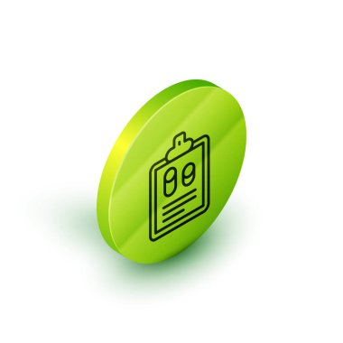 Isometric Line Business Finans raporu beyaz arkaplanda izole edilmiş bir simge. Denetim ve analiz, belge, plan sembolü. Yeşil daire düğmesi. Vektör.